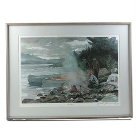 Chet Reneson Limited Edition Offset Lithograph "Tea Time": A limited edition offset lithograph by listed artist Chet Reneson (born 1934), titled Tea Time. This print on paper, which is after an original watercolor, depicts three men resting near a pair of docked canoes on a rocky shore with a roaring bonfire boiling a kettle to the foreground. To the lower right corner of the composition is an in plate signature and date (1977), which is complemented to the margins with a printed title, handwritten artist signature and print edition, listed 32 of 400. The print is presented under glass beneath a single-layered mat in a silver tone wooden frame with hanging wire to the verso.