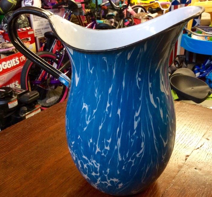 Blue and White Swirl Enamelware Pitcher