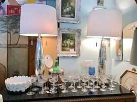 Great Mercury Glass Lamps, Beautiful Champagne Stemware - Milk Glass, Mid Century Ice Bucket, Varieties of Wine Glasses and Vintage Crystal Vases and Bowls, Shabby Chic Art Work, All Mirrors - Various Artwork