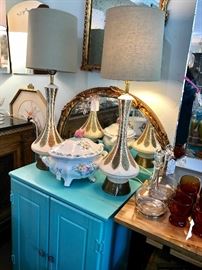 Tiffany Blue Cupboard - Vintage Tureen, Mid-Century Modern Signed Lamps...Great Gilt Mirror, Wine Decanter's Amber Hoffman House Glassware 