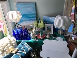 Beautiful Water Colors by Local Artist! Cool Lamps and Pillows, Blue Bottles and Buddha's.....