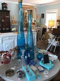 Hand Blown Blue Bottles, Art Deco Glass From The Netherlands, Tiffany Cake Cutter's - Lyn Chase Dishware