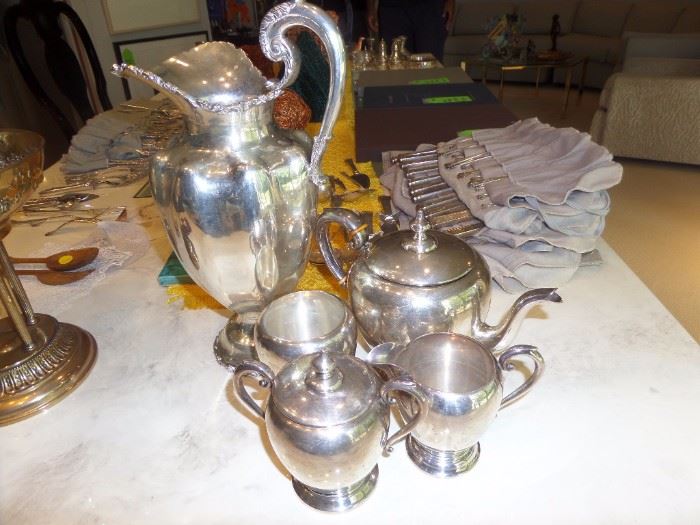 sterling tea set and water pitcher