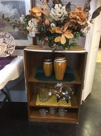 Silk floral arrangements, amber glassware, pottery, etc.