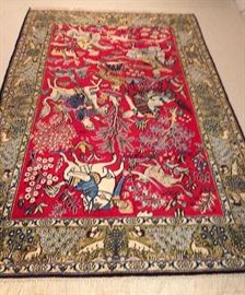 No. 5 -- Persian Quam pictoral carpet; handwoven; wool on cotton; Mid Century; measures 6'7" x4'7"