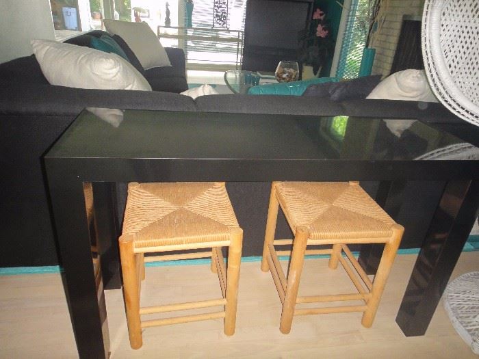 Black lacquer console table w/ benches. 2 set available. 