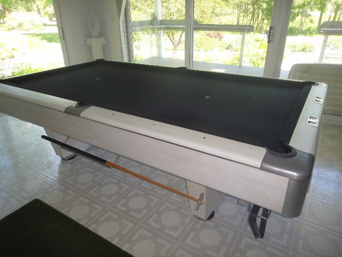 Billiards table, off white/gray with black felt top. Full size table 