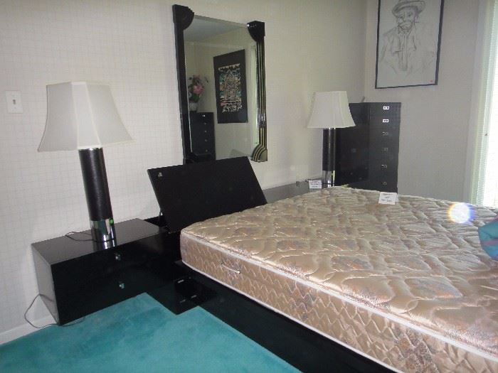 Rougier Black Lacquer bed room set. Dresser, Chest of Drawers, tall chest, Platform bed w/attached nightstands.  