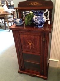 Mirrored antique storage cabinet; Flow Blue selections