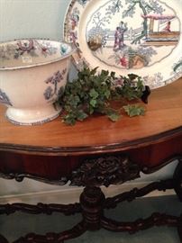 Vintage P. Regout Maastricht - Canton platter and bowl; (Note the intricately carved details on the entry/sofa table.)