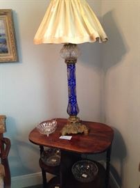 Exceptional cobalt blue Victorian antique lamp; 3 tiered side table