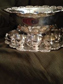 Impressive silver plate punch bowl and cups