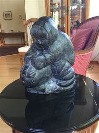 Canadian Eskimo artist Silassie Tooki, large carved sculpture: Man with Walrus, 1980