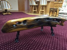 Ship salvage wood table/sculpture, from the Schooner "Havana", welded chain legs, this piece constructed c1980