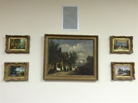 Center, Dutch landscape, oil on canvas, untitled - still researching at posting; 4 small complimentary paintings