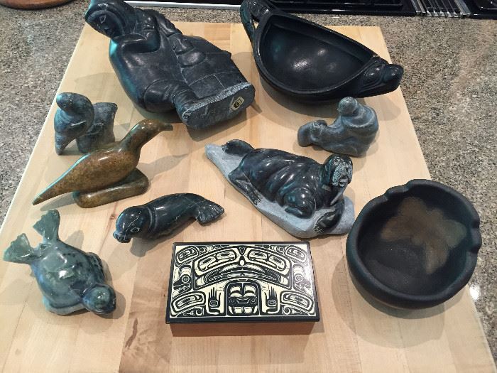 Selection of Inuit/Eskimo sculpture carvings and box, by a variety of artists; San Ildefonso bowl