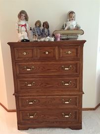 Large oak dresser, vintage & antique dolls, toy tea set, vintage baby scale and bottle