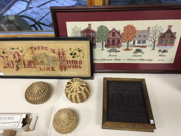 Antique needlework on paper, recent cross stitch by Martha Hicks, Native American pine needle baskets, Asian framed molded relief design