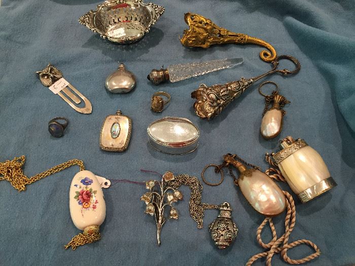 Sample of antique and vintage gold, gilt and sterling smalls, including perfumes, posy holders, scarab ring, opal ring