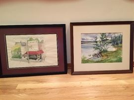 Watercolors on paper: l -"Travers City", signed P.I.; r - untitled by Brown