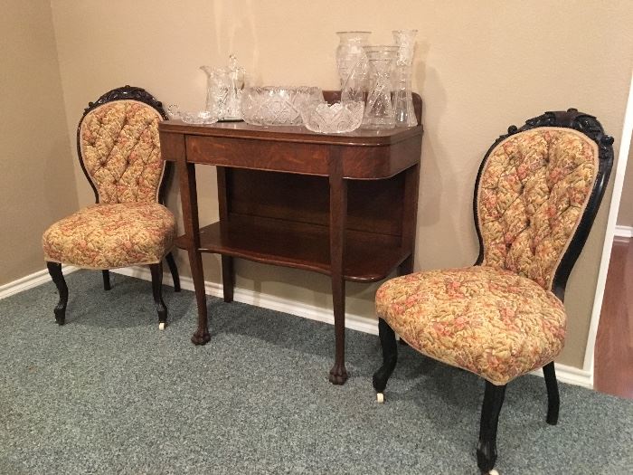 Pair of Victorian Parlor Chairs, Belter Style, circa 1860,  with antique tiger oak server, circa 1890.