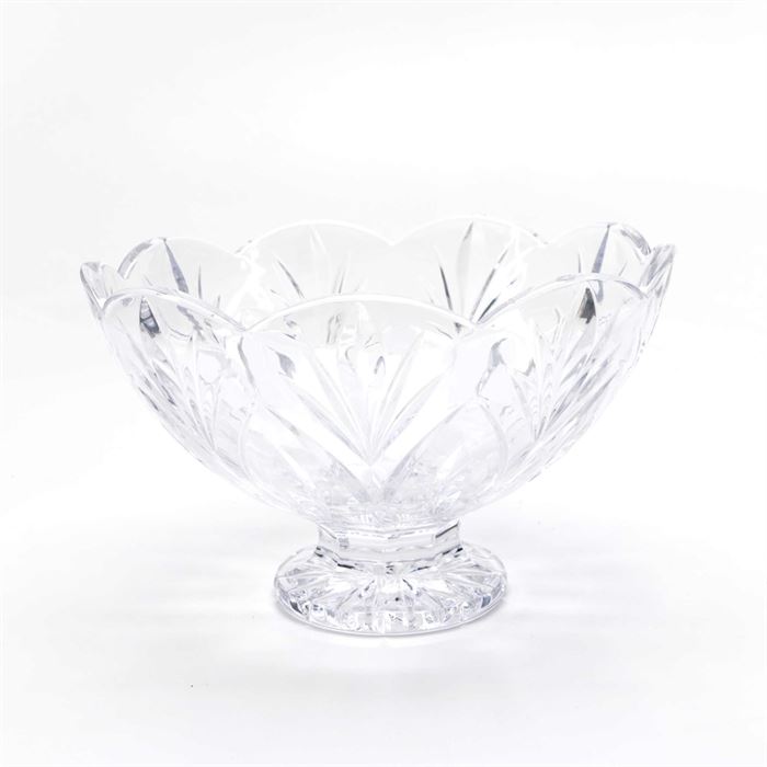Waterford Crystal Bowl: A Waterford crystal bowl. This selection showcases a scalloped rim, a foliate motif, and a pedestal base. It is marked “Marquis by Waterford” to the underside.