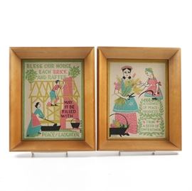 Two Robert Darr Wert Serigraphs on Linen Folk Sayings: A pair of serigraphs on linen by Robert Darr Wert (1915-1966). These folk art prints depict traditional work scenes and quotes. The first print depicts a man and woman building a house with the saying “Bless our house each brick and rafter may it be filled with peace and laughter”, and the second print depicts a woman and child holding harvest tools with cut wheat and a basket of fruits and vegetables with the saying “A harvest of peace – produced from a seed of contentment”. Both prints are signed in screen to the lower left corner with “by hand” in the lower right corner. Both prints have an inscription printed on the verso. The prints are set in light brown wooden frames with sawtooth hangers on the verso.