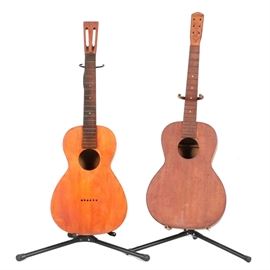 Vintage Parlor Style Acoustic Guitar Bodies: Two vintage parlor style acoustic guitar; one has riveted handmade “Gibson” and “Jake” marks to its headstock.