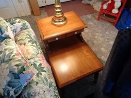 One of two Ethan-Allen style tiered side tables, has pull-out drawers on both levels, also Hard-Rock Maple .