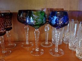 Multi-color etched wine glasses, unique and very colorful.