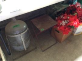 Glas jug in stand, metal stool & flowers