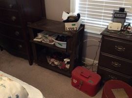 Master BR - tv stand, vintage makeup case, Hat in box