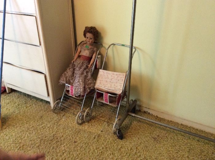 Vintage doll and 2 baby doll strollers - upstairs