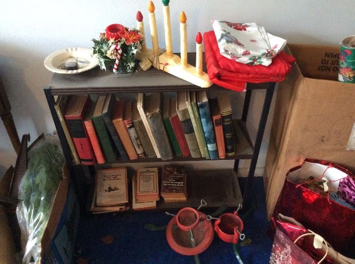 Vintage Christmas and other items at top of stairs