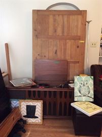 Table and antique stereo in cabinet