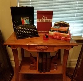 Remington Typewriter, Queen Anne Style Antique Table, Assorted Books, Bookends