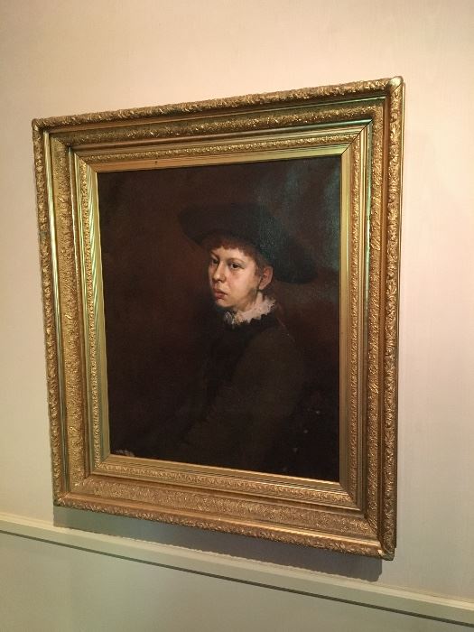 Exquisite oil on canvas, mid 19th century, Signed J.M. Stone 1887.  Artist is James Madison Stone (Americanan 1841-1930). Considered one of the foremost portrait painters of his day