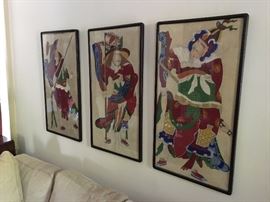 rare early 19th century Japanese hand colored samurai on cloth, must see in person, colors are amazing, very early pieces