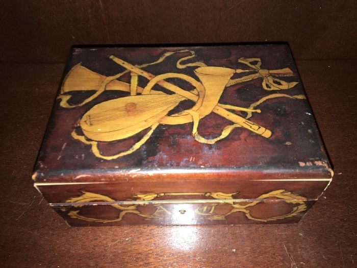 late 18th or early 19th century trinket box, adorned with musical instruments