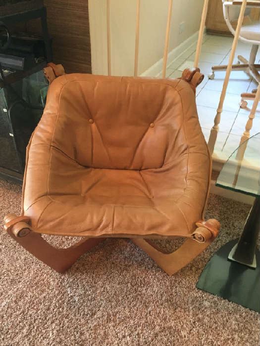 A Pair of IMG Luna Leather Chairs, Teak color wood frame $750 for the Pair  Buy It NOW with Paxem