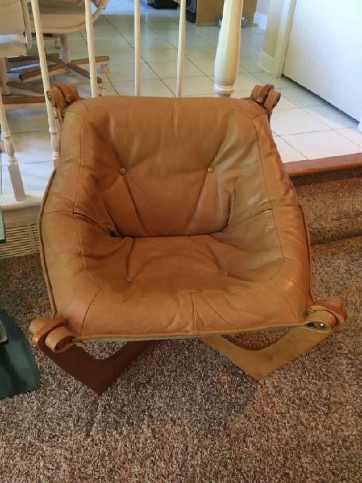 A Pair of IMG Luna Leather Chairs, Teak color wood frame $750 for the Pair  Buy It NOW with Paxem