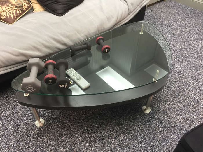 Great Glass Coffee table and hand weights to get fit