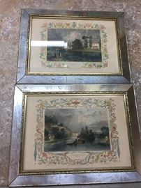 Antique reverse paint frames with scenes from a print book