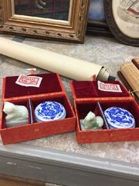 Custom Jade Carved Stamp with porcelain ink bowl in lovely boxes