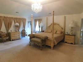 Thomasville king size four post bedroom set with bed, nightstands, dresser and armoire