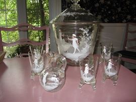 Mary Gregory punch bowl set with 8 footed glasses and small pitcher