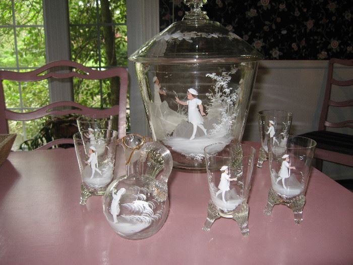Mary Gregory punch bowl set with 8 footed glasses and small pitcher