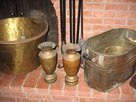 Trench Art vases, brass, copper, wrought iron fireplace tools