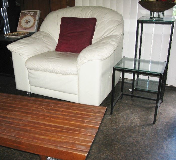 white leather chair, end tables and MCM coffee table