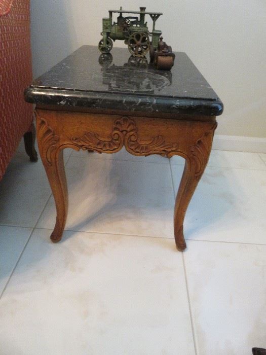 Marble top end table, Antique Huber Steam Roller, & Farm Implement Toys